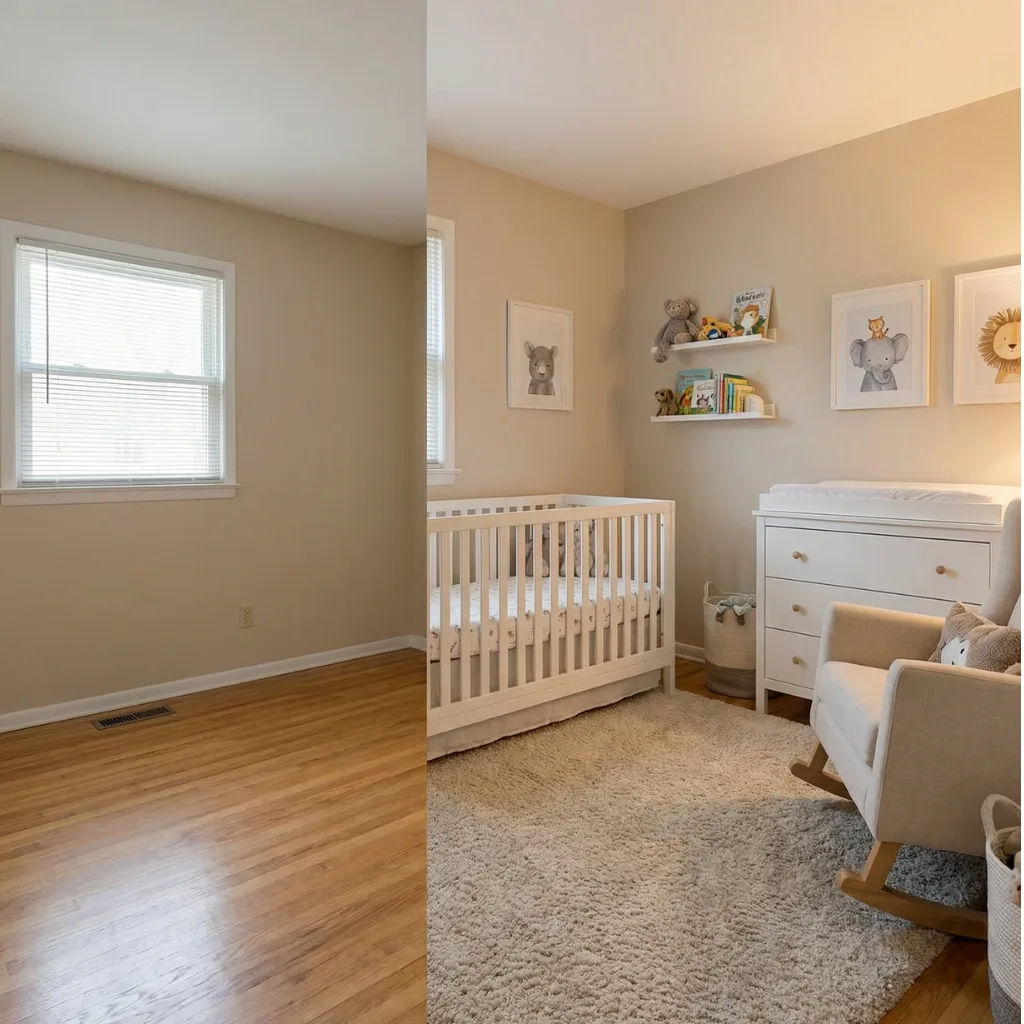The same spare bedroom before and after a nursery design, with a crib, dresser and glider added